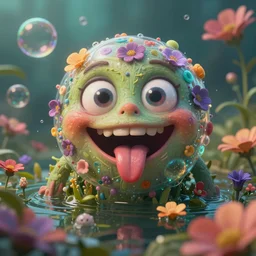 intricate colourful murky nature with strange cute friendly happy crazy bubble with beauty cute eyes long tongue teeth and funny face appearing from the flowers in water, in the style of craola, shallow depth of field, highly detailed, digital painting, trending artstation, concept art, illustration, cinematic lighting, vibrant colors, photorealism, epic, octane render