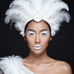 absurdly beautiful, fashionable young thai woman with dark skin and symmetrical white makeup, wearing an intricate headdress made from white feathers, wearing large earrings made from white horns, ambient background in the fourth dimension, psychedellic fractals, ayahausca, tryptamine, hyperdetailed illustration by irakli nadar and alexandre ferra, intricate linework, unreal engine 5 highly rendered, global illumination, radiant light, detailed and intricate environment