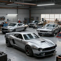 combine some random sport car with a classic muscle car with bare metal paint, in a workshop, concept art style by pablo carpio. global illumination. full view.