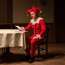 a plotting man in a red jester suit sitting in a wooden chair near a table covered with cloth. the room is dimly lit.