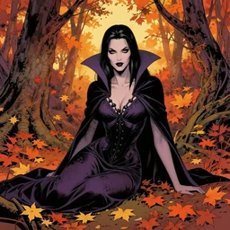 a stunning vampiress sitting in an autumn forest, fantasy graphic novel style, by wendy pini and virgil finlay, intricate, vivid gradient colors, very fine inking lines, extremely detailed, 4k, hd