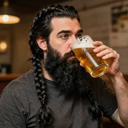 Jean Giraud style long black forked braid beard thick eyebrows drinking a pint of beer