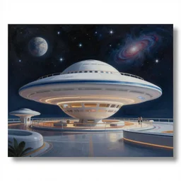 a beautiful painting of a large orbital cafe, stars and nebulas in the sky, moebius, thomas cole, patrick markle, oil on canvas, 8 k, 4 k, highly detailed