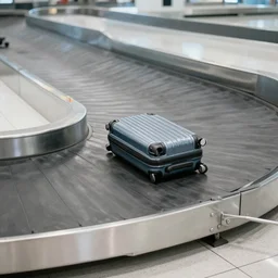 a lonely medium sized suitcase on an airport industrial conveyor belt, moving on its way to a plane, industrial conveyor belt in an airport