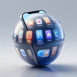 concept art of spherical smartphone, apps icons, high performance