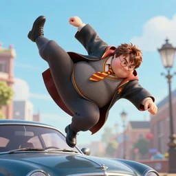 obese harry potter doing a kick flip over a car,