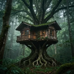 “Hyper realistic, tree house, architettura shape of roots, architecture design, dark green tones in the deep forest, foggy, environment, Cinematography, mega scans,cinematic, hyper realistic, photo real, cinematic compositoio, highly detailed, vray, 8k render, high rendering”