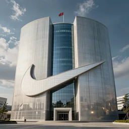 big building in form of nike logo, hyper detailed, photo realistic