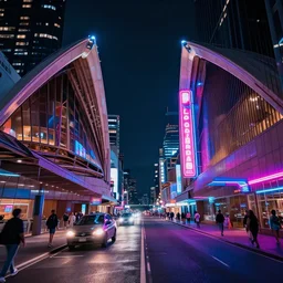 neon streets of sydney opera, 4 k, award winning photo, cyberpunk style