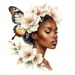 a beautiful watercolor of a black woman, flowers, butterfly wings, blossom, intricate, elegant, highly detailed, digital painting, artstation, concept art, smooth, sharp focus, dynamic lighting, ultrarealistic, cinematic, octane render, 8 k