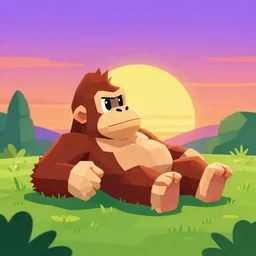 low poly retro wave sunset with donkey kong gorilla relaxing on a lawn chair on the beach looking off into the sunset, high quality, award winning art