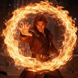 portrait, male pyromancer summening a fire portal , dynamic lighting, volumetric, bokeh, cinematic, establishing shot, extremly high detail, photo realistic, cinematic lighting, post processed, concept art, artstation, matte painting, style by eddie mendoza, raphael lacoste, alex ross