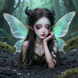 “a charming and flirty faerie, who's face is eroding into black quicksand”