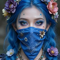 a stunning ultra detailed fantasy fine art portrait photo of witch, glossy blue, by tom bagshaw, michael cheval and natalie shau, bandana mask, 3 5 mm lens, golden ratio composition, deep depth of field, perfect eyes and face, flowery implants, flowerpunk, soft lighting, artstation, 8 k