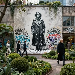 winter, walls by john berkey, covered in graphitti of a winter goddess by banksy, basquiat, cleon peterson, dramatic cinematic lighting, manicured solarpunk greenery, high fashion futuristic people walk past