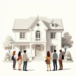 people looking at a house, intricate, elegant, highly detailed, vector illustration, artstation, concept art, smooth, sharp focus, illustration, art by jonny wan, sea green color scheme