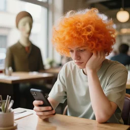 person with mobile phone chill in restaurant, color and shape focus, natural light, bloom, 3 d, puff, by simon stalenhag and rene magritte and anton fadeev