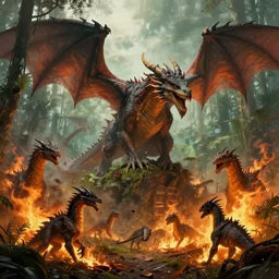 horde of dragons burning down amazon rainforest, digital painting, mixed media, trending on artstation and deviantart, epic composition, highly detailed, 8 k