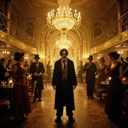 photorealistic ultra wide cinematography of a creepy 1 9 2 7 halloween party inside the gold room ballroom in the shining, inside the overlook hotel shot on 3 5 mm eastman 5 2 4 7 film by the shining cinematographer john alcott shot on a wide kinoptik tegea 9. 8 mm lens. with golden ratio composition