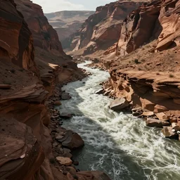 a photorealistic hyperrealistic render of a raging river in a desert canyon, by greg rutkowski, wlop, artgerm, dramatic lighting, strong shadows, volumetric, cinematic atmosphere, octane render, artstation, 8 k
