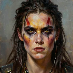 portrait of shelley duvall as an evil threatening warlord character with facepaint in mad max 2 : the road warrior, film still, detailed realism face in painting, detailed beautiful portrait, oil painting masterpiece, 8 k resolution, smooth, sharp focus, trending on artstation, by rembrandt