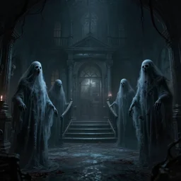 eldritch hungry ghosts in a room of a haunted house. realistic, cinematic lighting, octane tender, dark - art