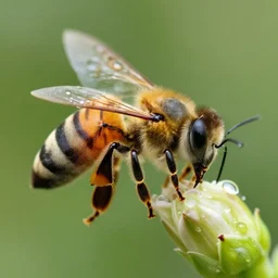 hyper realistic macro photography of a bee drinking from dew award winning