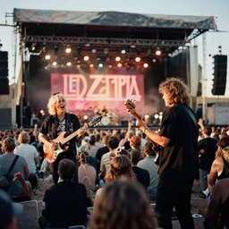 tight shot analog photograph led zeppelin performing in a big stage in the atacama desert by byanka zhuravleva and ary scheffer. kodak portra film!!. whirl bokeh!. mamiya 7. highly detailed. hq. photoreal. golden hour. in - frame