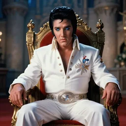 sharp, detailed, color film of elvis sitting on his throne in his castle, atmospheric lighting, in focus, blue reflective eyes, 3 5 mm macro lens, live action, nice composition, hyper real, photorealistic, octane render, artstation