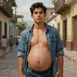 handsome young filipino man with a big pregnant belly on the street, painting by felix resurreccion hidalgo