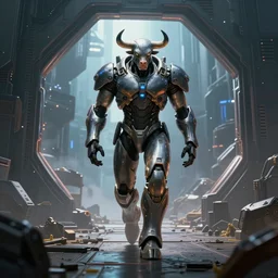 cyber bull enemy wearing power armor walks through a portal to the digital world. megalomaniacal expression. cyberpunk scene by ralph mcquarrie and beksinski r / characterart