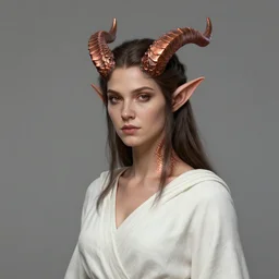 A detailed matte painted portrait of an elf woman with small horns of copper and copper dragon scales covering her arm and neck wearing a simple white robe, by greg rutkowski, trending on artstation, dungeon and dragons art