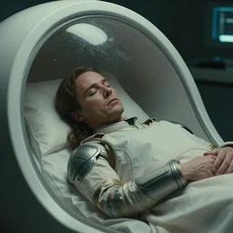 a close up of Ripley sleeping inside an all-white cryogenic sleep chamber by Ridley Scott, Alien movie, grainy, steamy, moody, dark, bleak