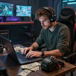 realistic rich man using laptop in gaming room, money on floor, artstation trends, sci fi concept art, highly detailed, intricate, sharp focus, digital art, 8 k