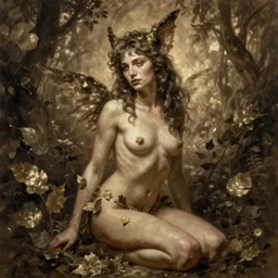 Curran walters as a satyr full body portrait, seductive, sexy, leaves, intricate, digital painting, old english, sepia, whimsical background by marc simonetti, artwork by liam wong