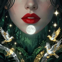glowing silver and golden elements, full close-up portrait, vector dark witch from unsplash, book cover, green forest, white moon, red lips, establishing shot, extremly high detail, photo-realistic, cinematic lighting, pen and ink, intricate line drawings, by Yoshitaka Amano, Ruan Jia, Kentaro Miura, Artgerm, post processed, concept art, artstation, matte painting, style by eddie mendoza, raphael lacoste, alex ross