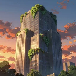 geometric skyscraper with florid overgrowth, sunset illustration by alena aenami and makoto shinkai