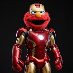 “Elmo dressed as Iron Man, portrait, realistic, 50 mm lens, medium shot, dramatic studio lighting, cinematic, black background, realistic photo”