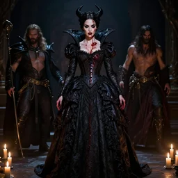 megan fox witch queen, black eyes, blood, full body, intricate victorian dress, symmetrical eyes, artgerm, rafael albuquerque, frank frazetta, moody lighting, candles