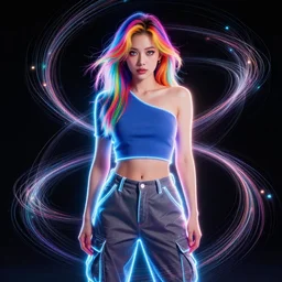 a award winning full body portrait of a beautiful woman with stunning eyes in a one off shoulder croptop and cargo pants with rainbow colored hair, outlined by whirling illuminated neon lines and fine lines swirling in circles by jesper ejsing and rhads and makoto and shinkai and lois van baarle, digital art, trending on artstation