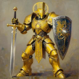 full body, attack position abstract painting of a intricate ornate holy mechanical warforged with circular glowing eye, character in yellow armor holding a legendary paladin engraved holy great longsword and carrying a huge heavy paladin shield, vertically flat head, face in focus, epic , trending on ArtStation, masterpiece,  cinematic lighting, by Ross Tran and by Greg Rutkowski