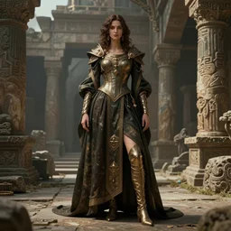 costume design made by DMT, sophisticated composition, old masters light composition, procedurally generated, character posing for concept art, ancient ruins behind, substance designer, PBR, HD, Ultra detailed, hyperrealistic, megascans, volumetric light, concept by master artist, made in paint tool SAI2, trending pixiv face