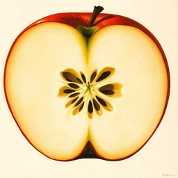 apple cross section showing radial pattern of its seeds, limited neutral palette, by pascal campion, petros afshar, anton fadeev, dean ellis, randolph stanley hewton, beautiful graphic, propaganda poster art 1 9 7 0 s illustrated advertising art, painterly design