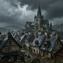 extreme long shot concept art depicted rainy old french village, high details, dramatic mood, deep environment, art by legends of runeterra and tomasz jedruszek and gabor szikszai, trending on artstation, unreal engine, 8 k, 4 k