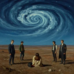 a forgetful 🌊 swirling in the sky above a barren 🏜 by ivan shishkin and zacharias aagaard and simon stalenhag and dan mumford and josan gonzalez, surrealism, chiaroscuro, hyper detailed, high saturation, retrowave