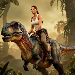 Sandra Bullock as Lara Croft mounted and riding a large dinosaur, Boris Vallejo, Julie Bell