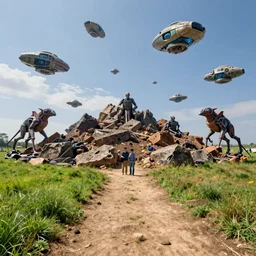 rocky ground with a dirt path, and grass surrounding it, xenorphs part of the ground, organic alien ships attack the ground from the sky, john howe, liam wong, highly detailed, vibrant and vivid, giger
