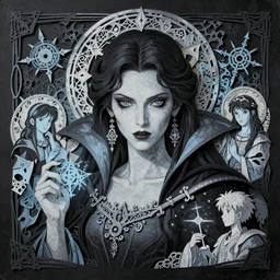 breathtaking detailed art portrait painting of evil fantasy sorceress vampire, orthodox saint, with anxious, piercing eyes, ornate background, amalgamation of spells, by Hsiao-Ron Cheng, James jean, Miho Hirano, Hayao Miyazaki, extremely moody lighting, Black paper, cut paper texture, Full of light-blue and silver and white layers, 8K