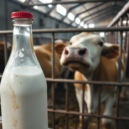 dirty bottle of milk and a cow inside a cage, inside slaughterhouse