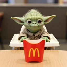 yoda, sitting in a high chair behind a table inside mcdonald's, annoyed, disgruntled, small red cardboard box displaying a yellow m logo on the table, 3 5 mm, f / 2. 8